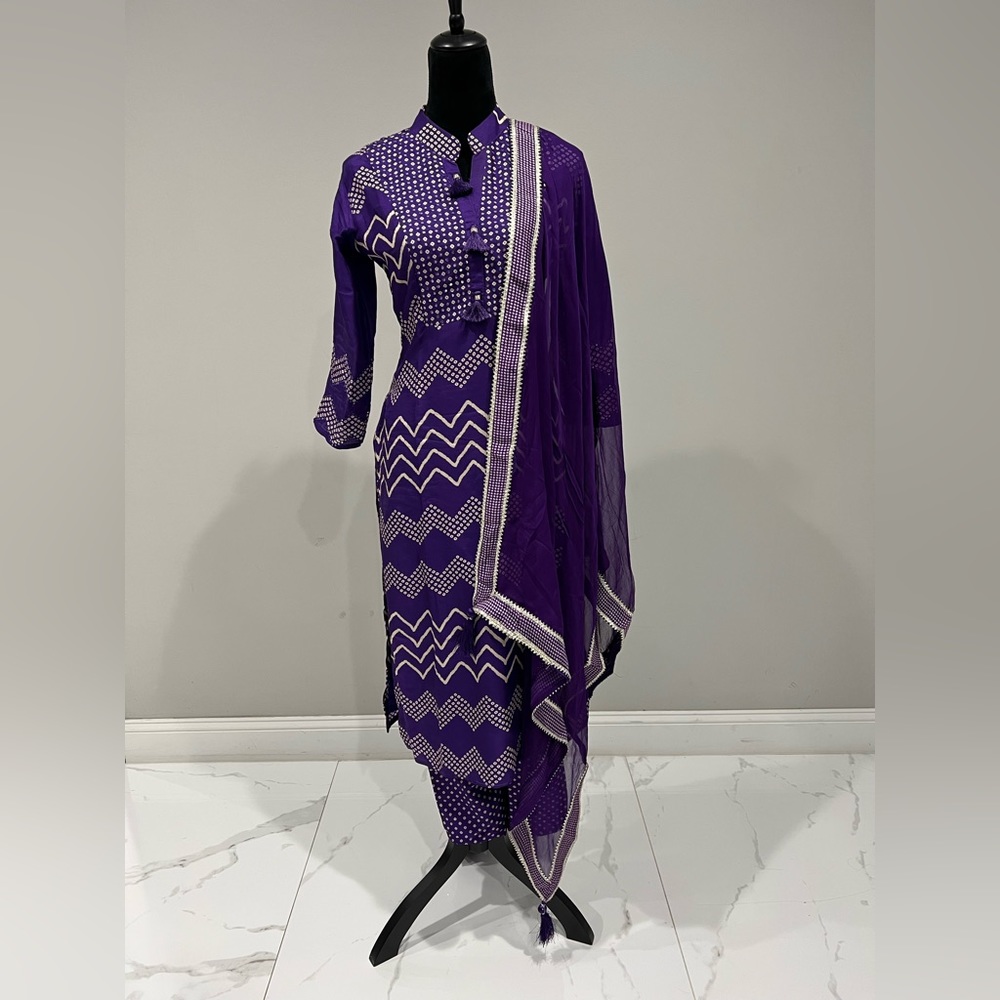 Purple Salwar Kameez with Bandhani Print and Mirror work